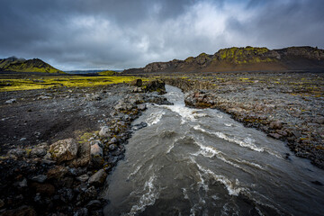 river and country volcanic landscape with rocks, Iceland
