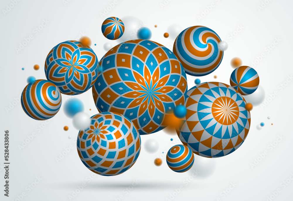 Poster realistic decorated spheres vector illustration, abstract background with beautiful balls with patte