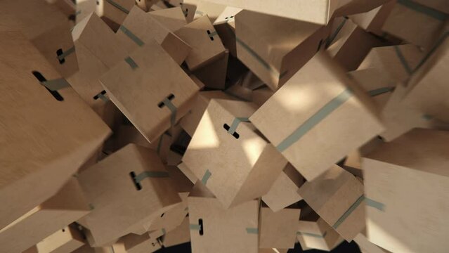 Paper parcel boxes drop falling on ground with background bokeh. 3D animation. Business ecommerce concept idea. selective focus.