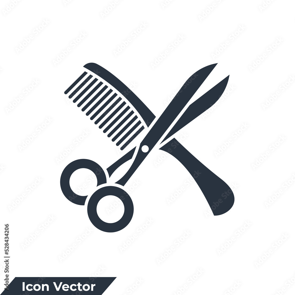 Poster scissor and comb icon logo vector illustration. comb and scissors symbol template for graphic and we