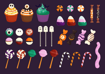 Halloween candy sweet set. Candy bar for trick or treat party. Sweets for children. Lollipops, candy, chocolate, ghosts, cupcake, skull, eyeball. Vector illustration in flat style