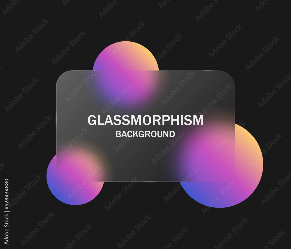 Poster glassmorphism background, futuristic banner template with Blurred colorful circles and transparent glass frame - Realistic glass morphism effect with gradient circle shapes