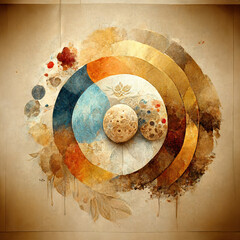 Modern illustration with watercolor circles, splashes, gold lines and geometry, rounded, brush strokes. Brown background, circles for wall pictures, covers, packages. Trendy poster.