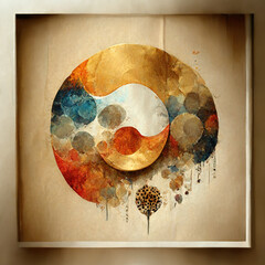 Modern illustration with watercolor circles, splashes, gold lines and geometry, rounded, brush strokes. Brown background, circles for wall pictures, covers, packages. Trendy poster.