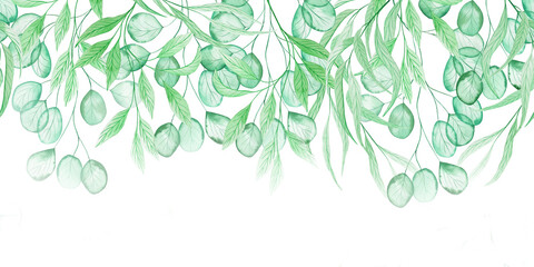 Green transparent eucalyptus leaves seamless horizontal pattern. Endless foliage banner. Background for invitation and greeting cards. Wedding floral design.