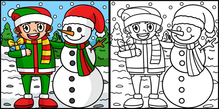 Christmas Snowman With A Boy Coloring Illustration