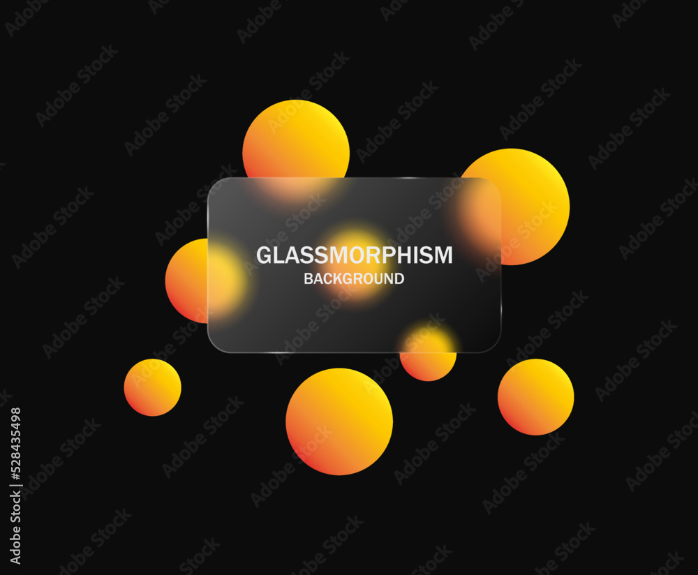 Poster glassmorphism background, futuristic banner template with Blurred colorful circles and transparent glass frame - Realistic glass morphism effect with gradient yellow and orange circle shapes