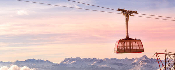Sunset Alps, cable car, snow mountain peaks banner