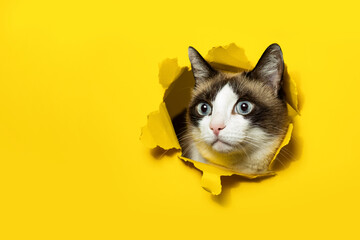 Portrait of cat breaking through yellow paper posing in hole with ripped sides, free copy space,...