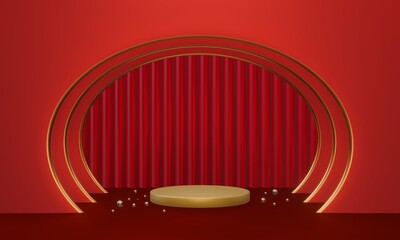 Gold minimal podium with red scene background and silver circle ball, mock up, geometry shape platform for product display, modern stage. 3D render illustration.