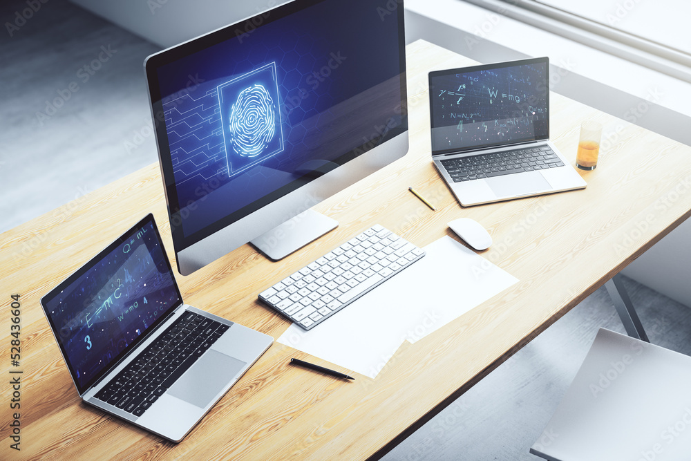 Poster modern computer display with abstract graphic fingerprint sketch, fingerprint scan data concept. 3d 