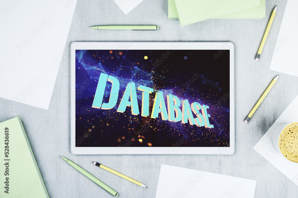 Poster modern digital tablet monitor with creative database word hologram, research and development concept