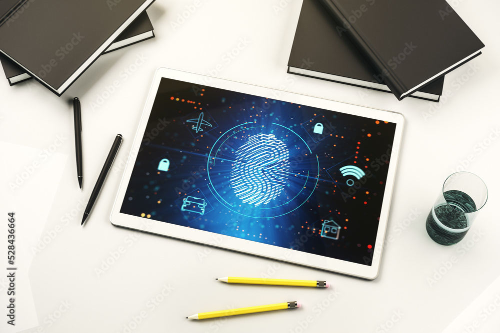 Fototapete Modern digital tablet monitor with abstract fingerprint scan interface, digital access concept. Top view. 3D Rendering