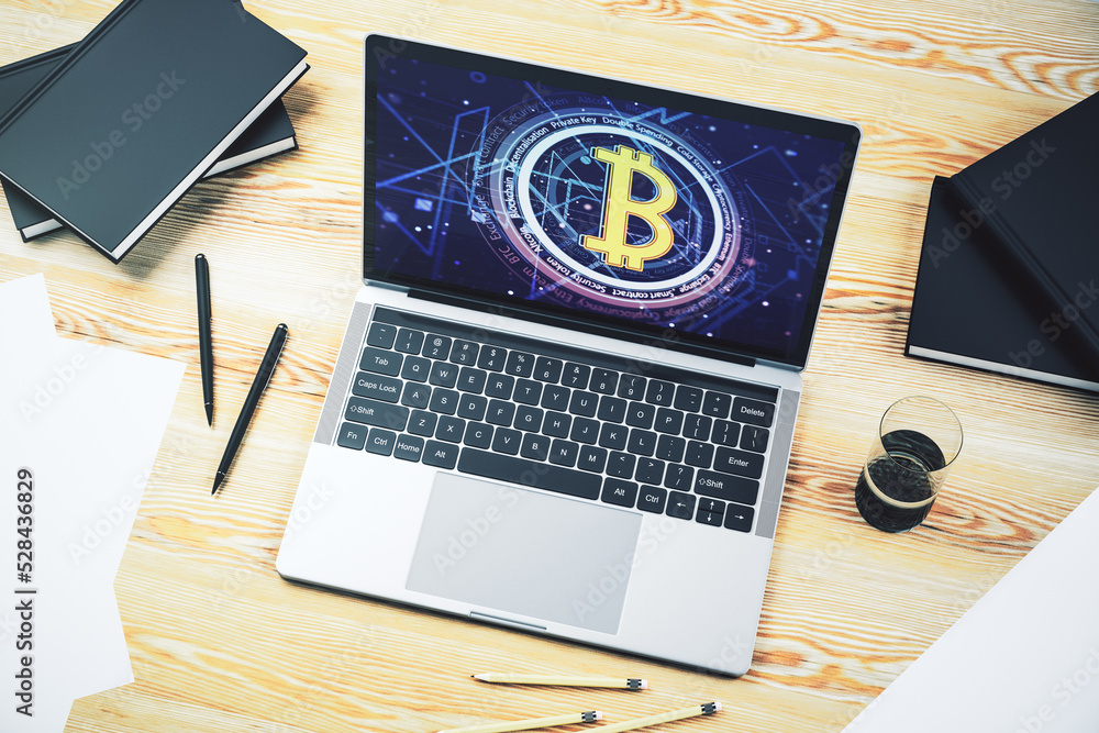 Poster Modern computer display with creative Bitcoin symbol hologram. Mining and blockchain concept. 3D Rendering