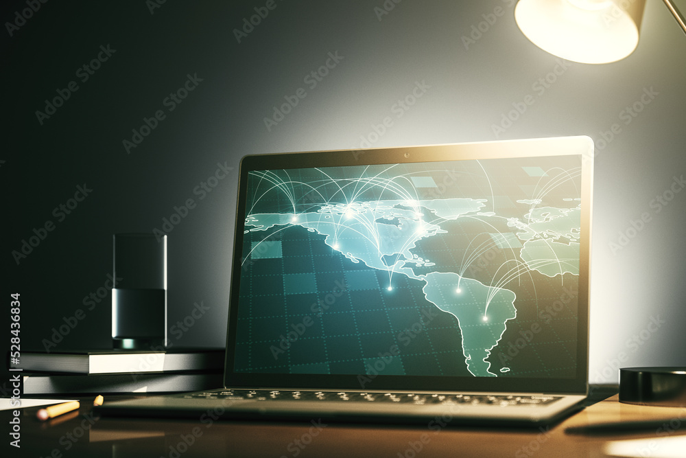 Poster abstract digital world map with connections on modern computer monitor, big data and blockchain conc