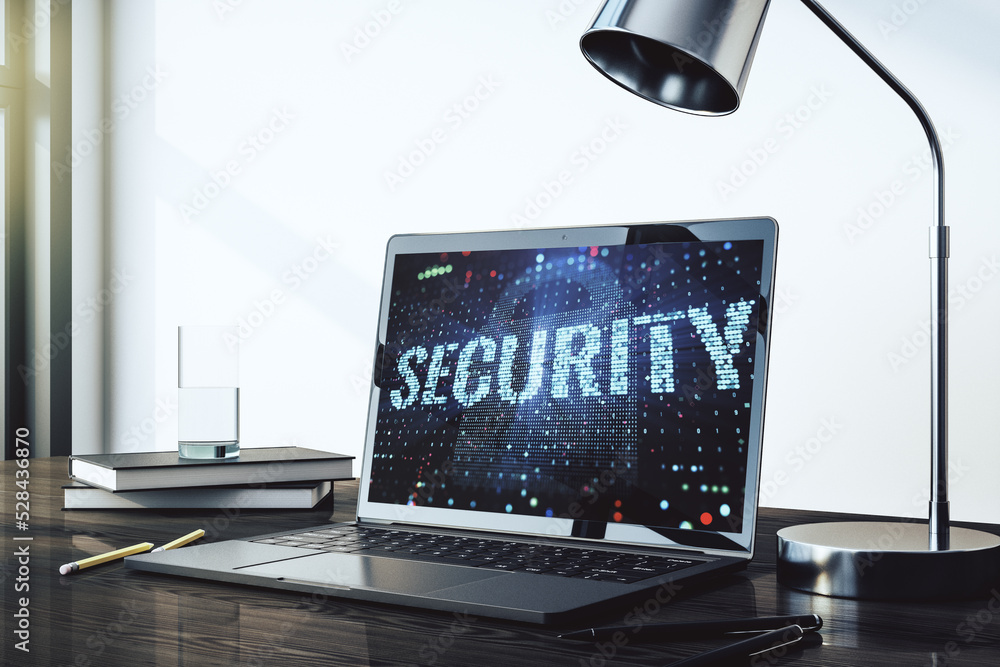 Poster cyber security creative concept on modern laptop monitor. 3d rendering
