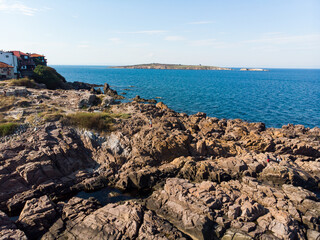 Aerial view of Bulgarian old town Sozopol and cliff. Drone view from above. Summer holidays destination