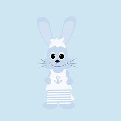 Cute hand-drawn rabbit in shorts and a T-shirt on a blue background.