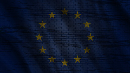 Vector wavy dark EU flag with a spotted brick wall structure. Wallpaper or background