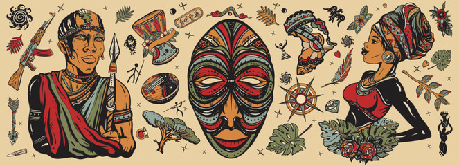 Old school tattoo collection. Africa.  African woman in traditional turban, maasai warrior, tribal mask, kalimba, map, drum. Tradition, people and culture. Ethnic afro girl and black tribe man