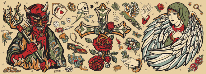 Old school tattoo collection. Angel and demon. Good and evil set. Terrible satan with pitchforks and holy nun. Cross with roses, hands prayer, dove. Sin and holiness. Paradise and Hell art