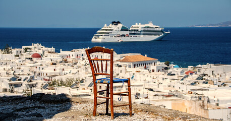 Die malerische  Hauptstadt Chora bekannt als Mykonos-Stadt auf der beliebten Kykladeninsel Mykonos,...