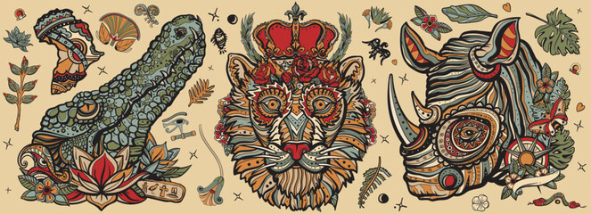Old school tattoo collection. African wild animals portrait. Royal lion, evil crocodile and romantic rhino. Zoo art. Safari in Africa. Traditional tattooing style
