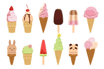 Various types of ice cream isolated on white background. Vector graphics.