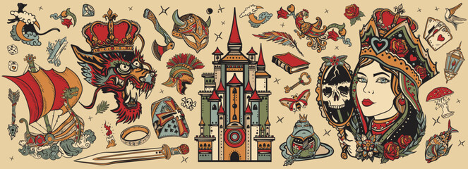 Old school tattoo collection. Fairy tales. Medieval castle, queen in the golden, crown, dragon, knight, viking boat, sword and princess frog. Middle Ages magic legends. Fantasy tattooing style