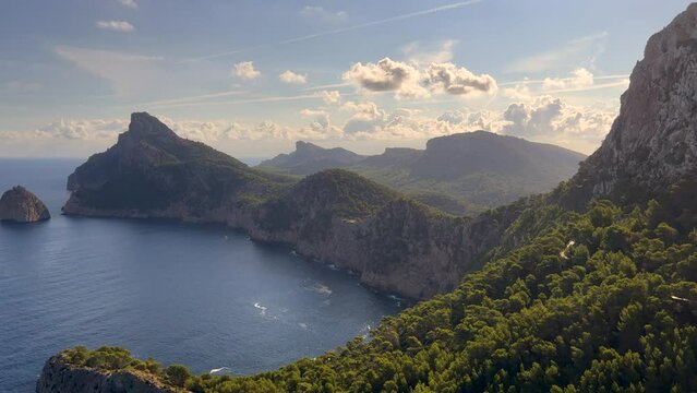 Panoramic view from Mirador es Colomer in Mallorca, Spain. 4K raw video.