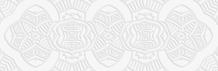 Obraz premium Banner, cover design unique. Embossed ethnic vintage 3d pattern on a white background, boho style, paper press. Tribal geometric ideas for websites, presentations.