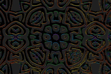 Embossed black background, ethnic vintage fantasy cover design. Geometric 3D pattern, press paper, boho style. Exotic tribal ornaments of East, Asia, India, Mexico, Aztecs, Peru.