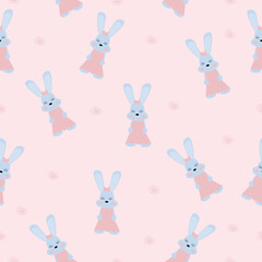 Seamless pattern cute handmade rabbit girl in a dress on a pink background. Background, wallpaper, packaging, textile template.