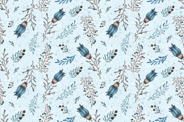 Botanical floral seamless pattern on light blue background
