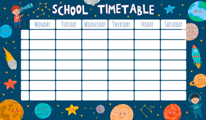 School timetable template with cartoon planets, rockets, shuttle. Back to school schedule with space background for subjects. Vector illustration