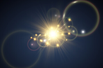 Special lens flash, light effect. The flash flashes rays and searchlight. illust.White glowing light. Beautiful star Light from the rays. The sun is backlit. Bright beautiful star. Sunlight. Glare.