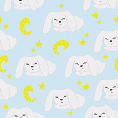 Seamless pattern sleeping rabbit and stars with the moon, hand-drawn on a blue background. Background, wallpaper, packaging, textile template.