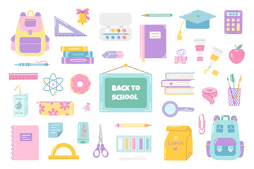 Big set of school supplies for studying. Back to school. Vector flat illustration on white background