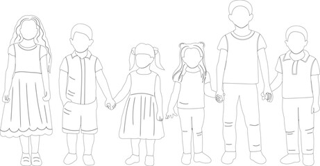 children hold hands sketch, outline vector, isolated