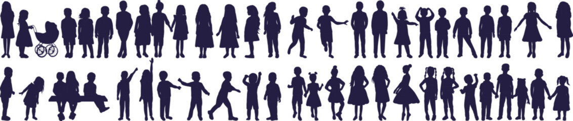 kids set boys and girls black silhouette isolated, vector