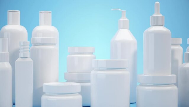 white Beauty Product plastic tubes collection set for cosmetics on blue background. Packaging for cream, gel, serum, advertising and product promotion. 3D Animation.