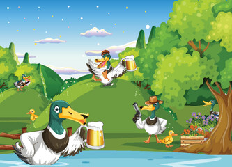Outdoor scene with cartoon ducks