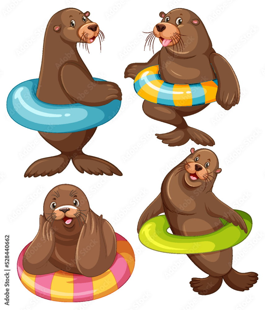 Wall mural Set of different sea lions cartoon characters