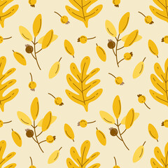 Doodle seamless pattern with yellow autumn leaves and berries
