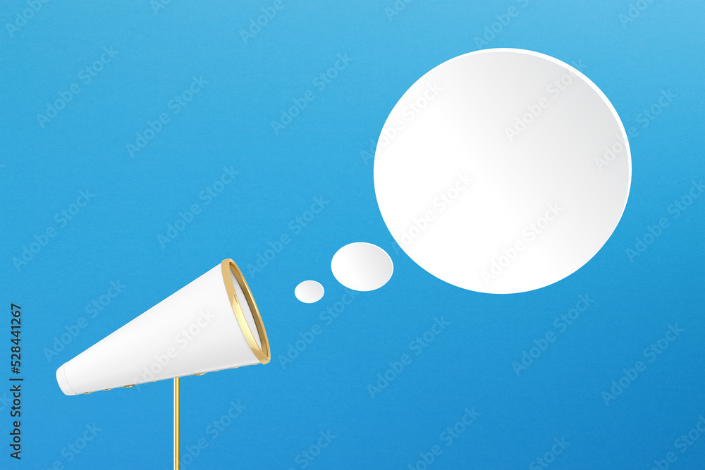 Poster megaphone with blank white speech bubble on blue background. template with copy space for text for d