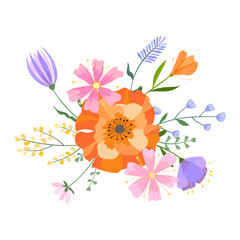 Vector floral bouquet illustration. Set of leaves, wildflowers, twigs, floral arrangements. Beautiful compositions of field grass and bright spring flowers.