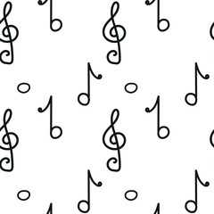Abstract musical, treble clef, note seamless pattern, black and white texture, hand-drawn background, wallpapers, endless ornament, repeating print. Doodle vector illustration for textiles, wrapping