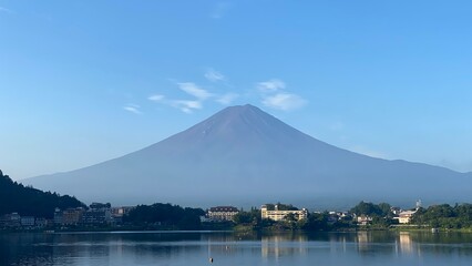 6:25am Mt Fuji view with barely any snow on top or clouds, a beautiful day in August 27th, 2022 Kawaguchiko lakeshore, Yamanashi prefecture