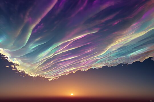 Polar stratospheric cloud, also known as nacreous clouds from nacre, or mother of pearl, due to its iridescence. 3d-render, Raster illustration.
