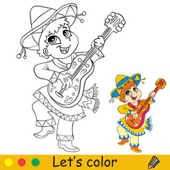 Halloween kids coloring with template mexican boy with guitar